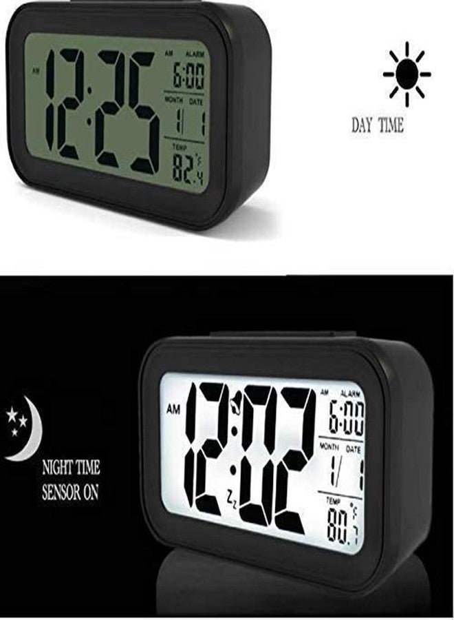 SKYLIT Plastic Digital Smart Backlight Alarm Clock with LCD Display Automatic Sensor, Date and Temperature (Black) - Image 2